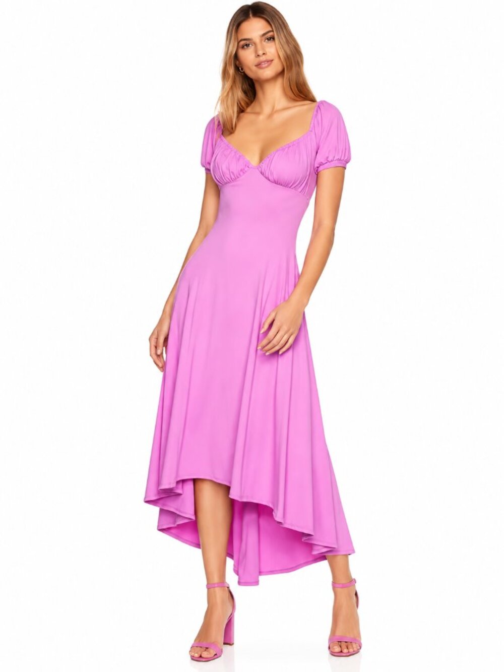 Susana Monaco Puff Sleeve High Low Midi Dress Bubble Pink Small NWT